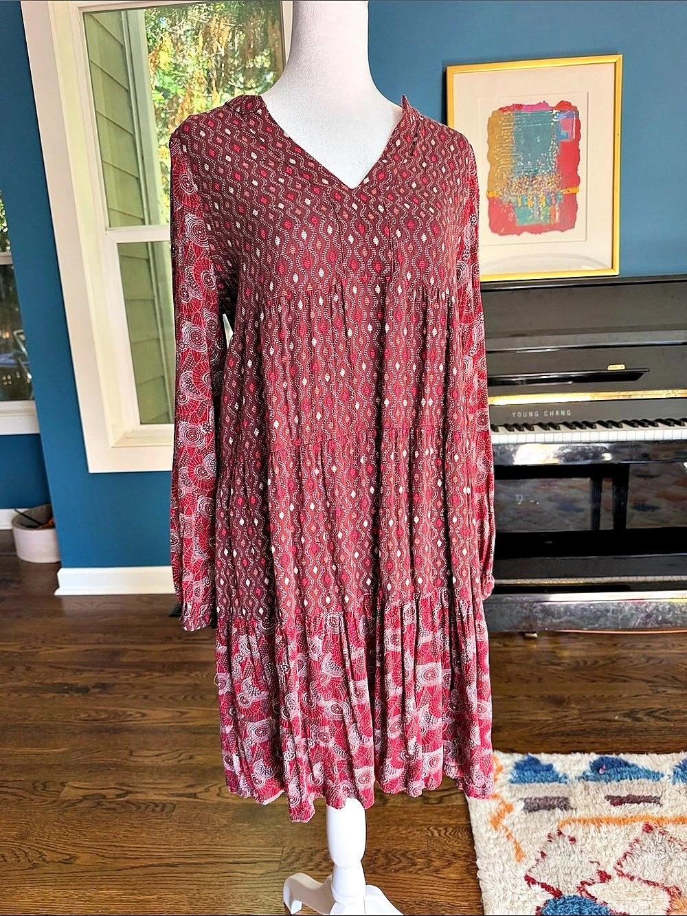 Maeve Printed V-Neck Midi Dress in Red & Brown Size Small